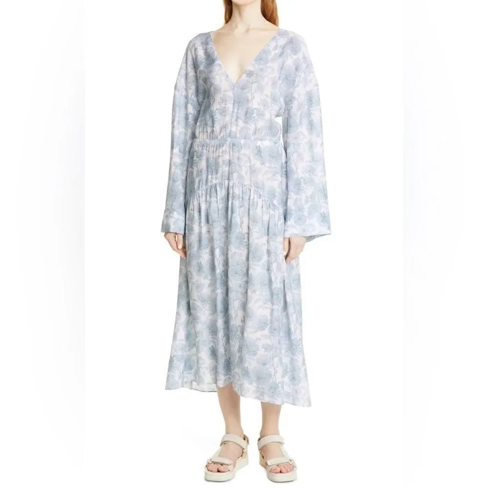 Vince Dahlia Blue White Floral Print Long Sleeve V-Neck Midi Dress M $425 - Picture 2 of 6
